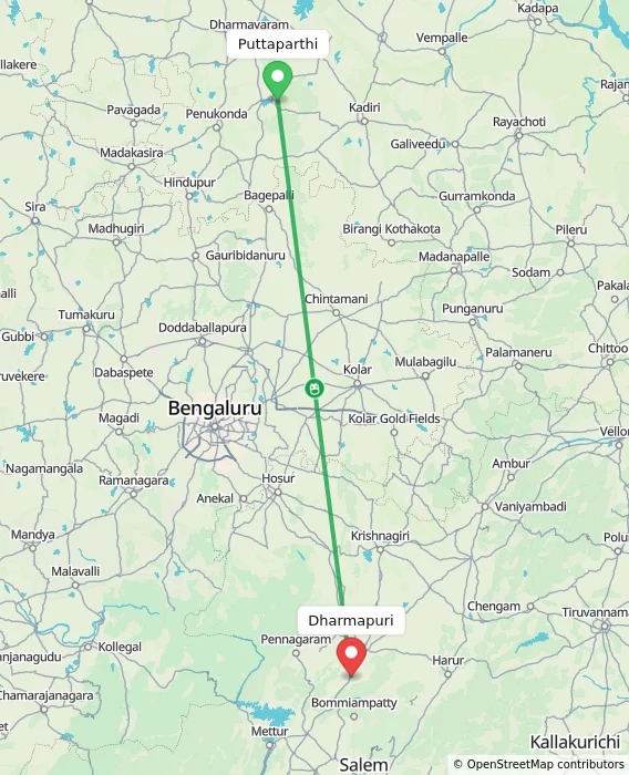 Route map showing distance and travel time from Puttaparthi, India to Dharmapuri, India