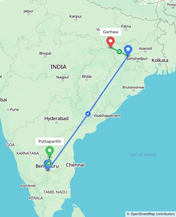Route map showing distance and travel time from Puttaparthi, India to Garhwa, India