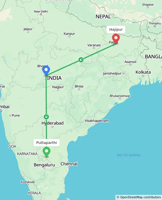 Route map showing distance and travel time from Puttaparthi, India to Hajipur, India