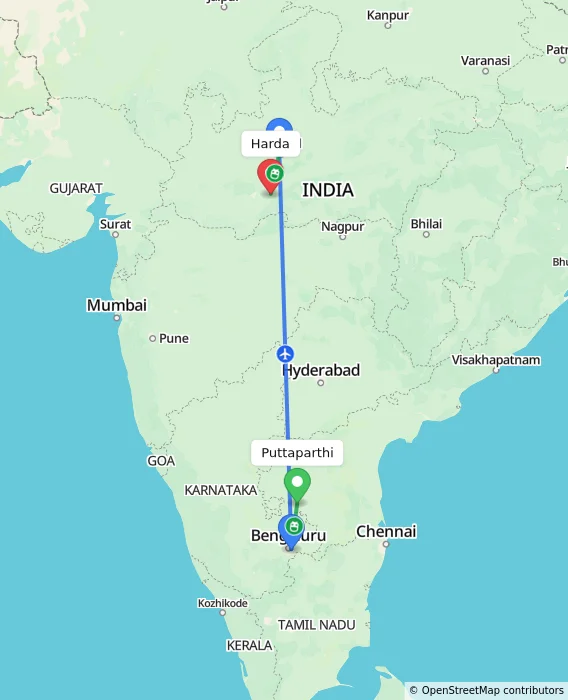 Route map showing distance and travel time from Puttaparthi, India to Harda, India
