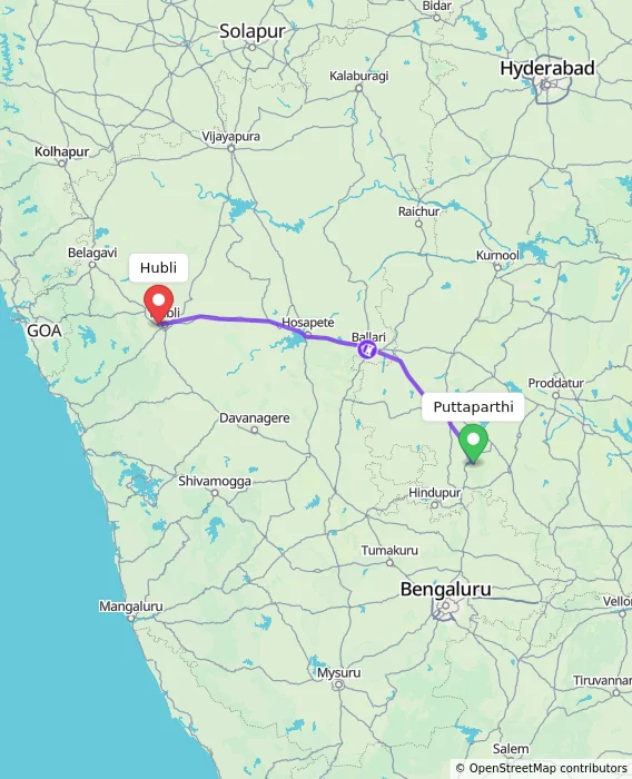 Route map showing distance and travel time from Puttaparthi, India to Hubli, India