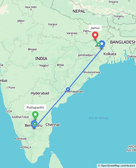 Route map showing distance and travel time from Puttaparthi, India to Jamui, India