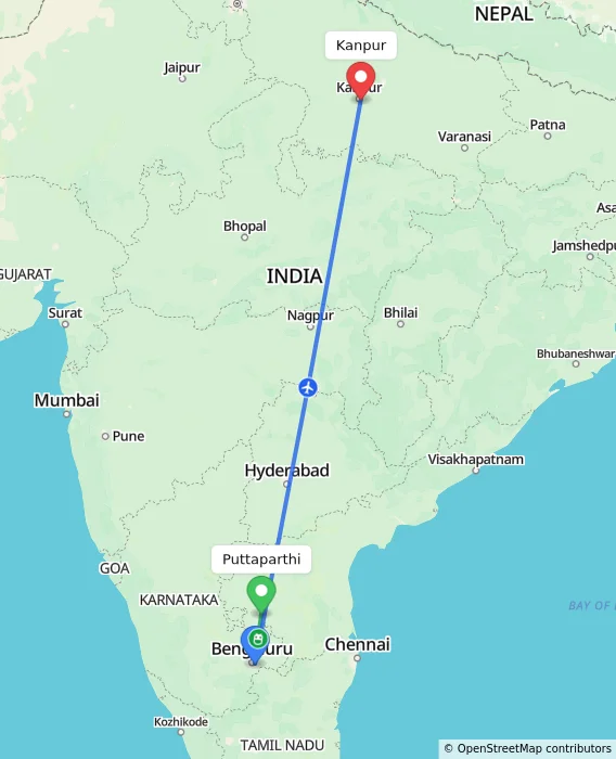 Route map showing distance and travel time from Puttaparthi, India to Kanpur, India
