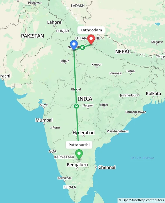 Route map showing distance and travel time from Puttaparthi, India to Kathgodam, India