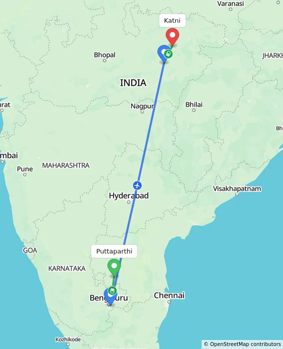 Route map showing distance and travel time from Puttaparthi, India to Katni, India
