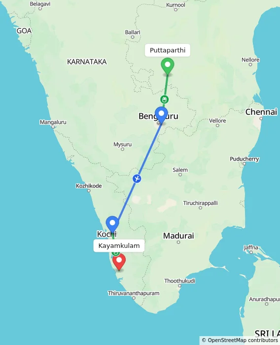 Route map showing distance and travel time from Puttaparthi, India to Kayamkulam, India