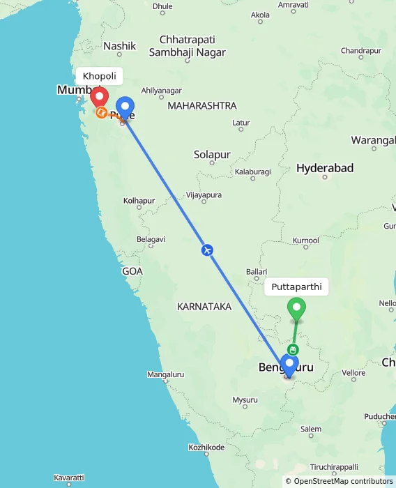 Route map showing distance and travel time from Puttaparthi, India to Khopoli, India