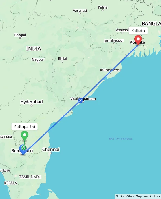 Route map showing distance and travel time from Puttaparthi, India to Kolkata, India