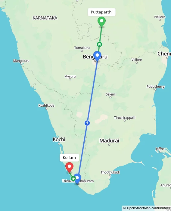 Route map showing distance and travel time from Puttaparthi, India to Kollam, India