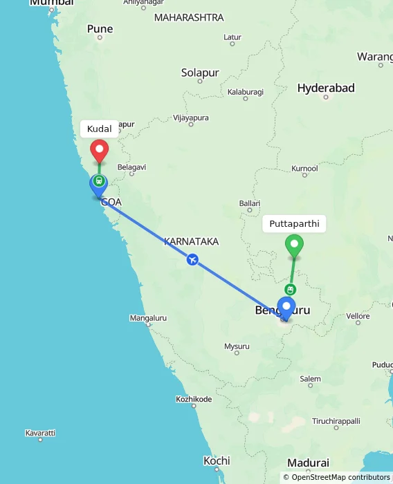 Route map showing distance and travel time from Puttaparthi, India to Kudal, India