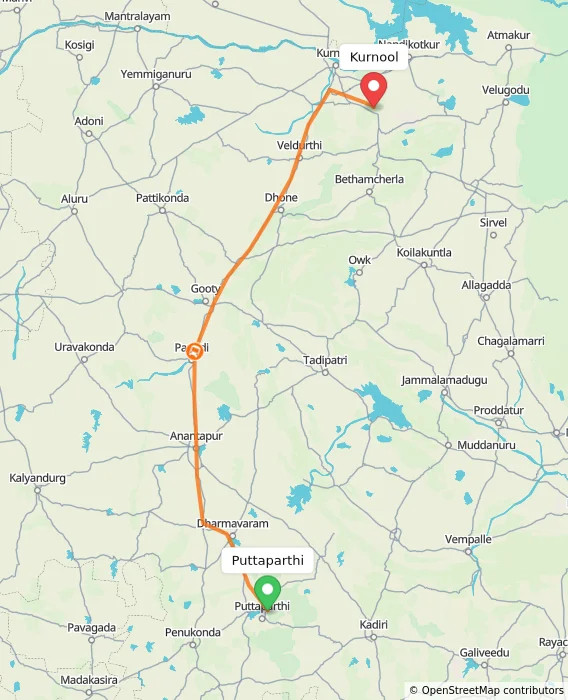 Route map showing distance and travel time from Puttaparthi, India to Kurnool, India