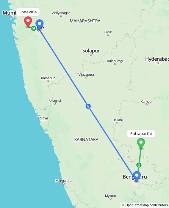 Route map showing distance and travel time from Puttaparthi, India to Lonavala, India