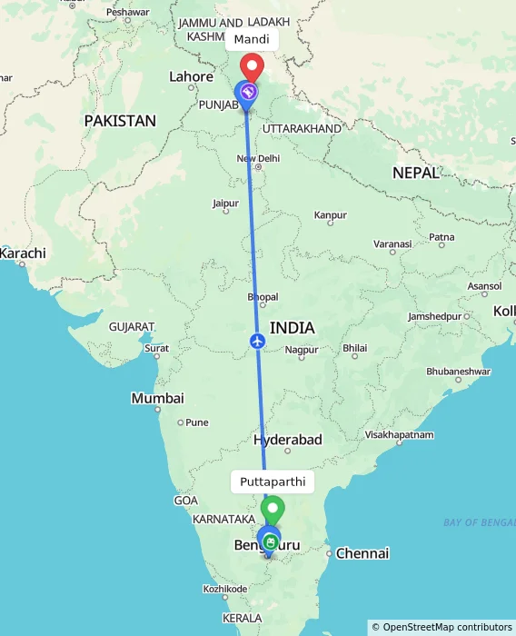 Route map showing distance and travel time from Puttaparthi, India to Mandi, India