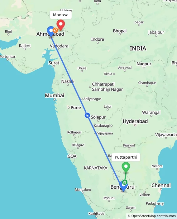 Route map showing distance and travel time from Puttaparthi, India to Modasa, India