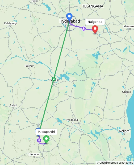 Route map showing distance and travel time from Puttaparthi, India to Nalgonda, India