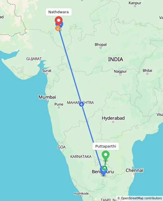 Route map showing distance and travel time from Puttaparthi, India to Nathdwara, India