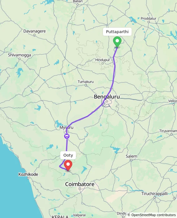 Route map showing distance and travel time from Puttaparthi, India to Ooty, India