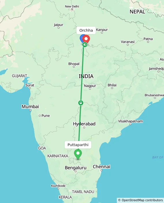 Route map showing distance and travel time from Puttaparthi, India to Orchha, India