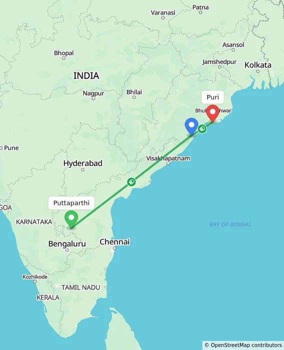 Route map showing distance and travel time from Puttaparthi, India to Puri, India