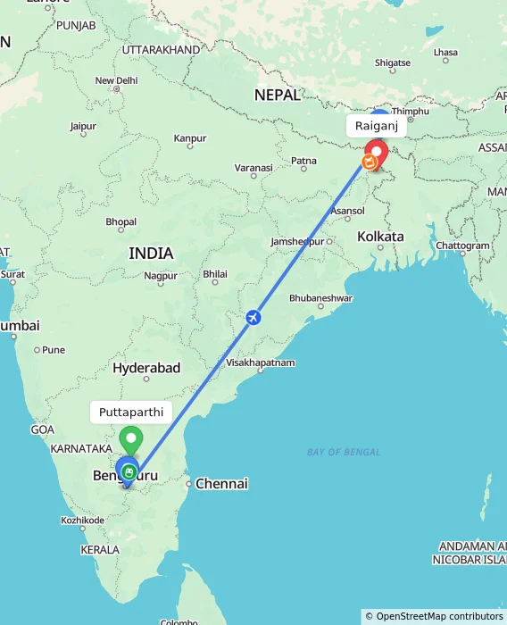 Route map showing distance and travel time from Puttaparthi, India to Raiganj, India