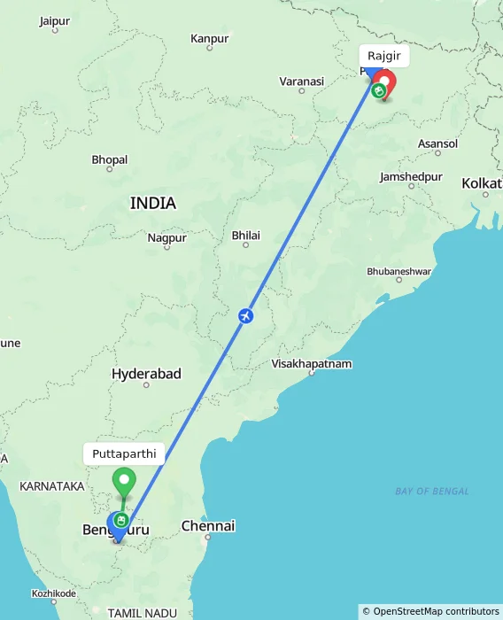 Route map showing distance and travel time from Puttaparthi, India to Rajgir, India