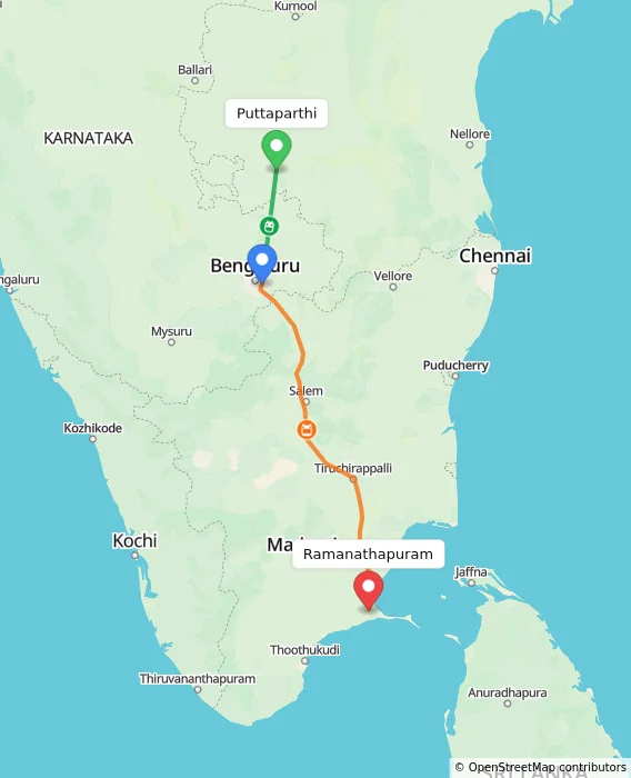 Route map showing distance and travel time from Puttaparthi, India to Ramanathapuram, India