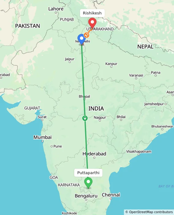 Route map showing distance and travel time from Puttaparthi, India to Rishikesh, India
