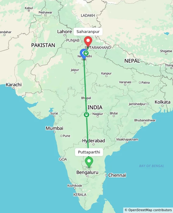 Route map showing distance and travel time from Puttaparthi, India to Saharanpur, India