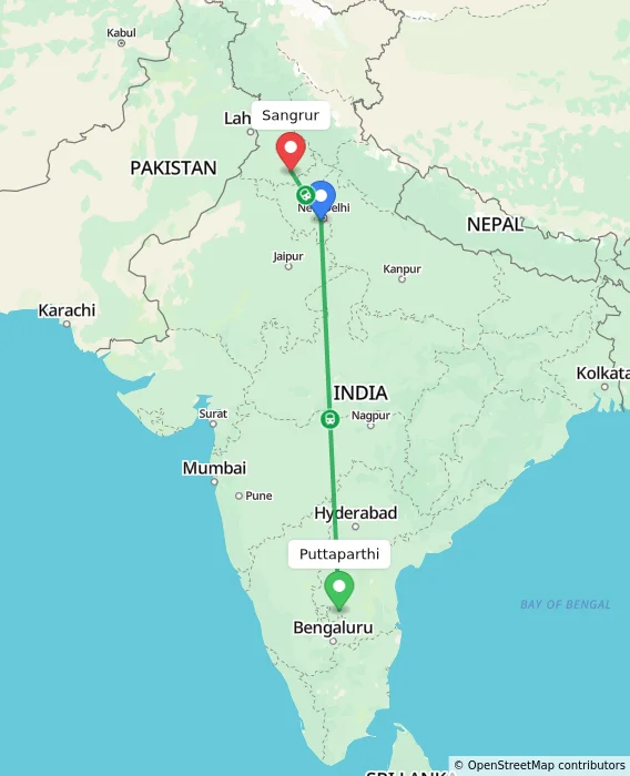 Route map showing distance and travel time from Puttaparthi, India to Sangrur, India