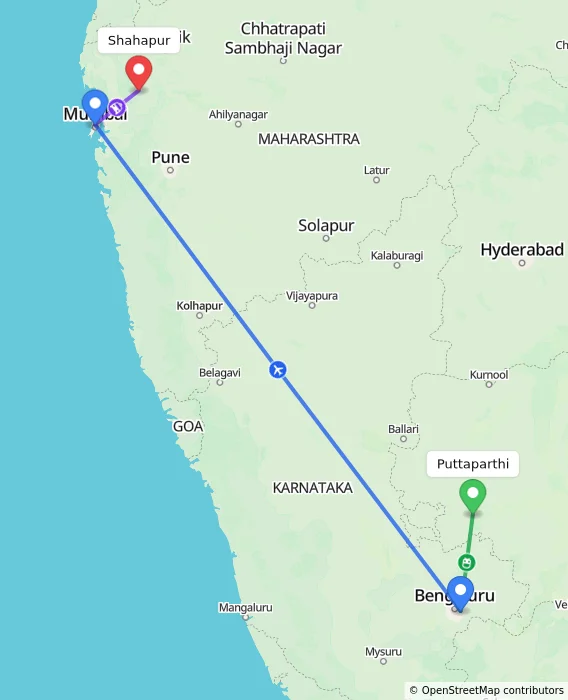 Route map showing distance and travel time from Puttaparthi, India to Shahapur, India