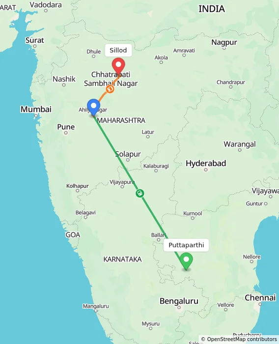 Route map showing distance and travel time from Puttaparthi, India to Sillod, India