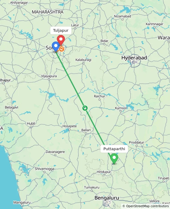 Route map showing distance and travel time from Puttaparthi, India to Tuljapur, India
