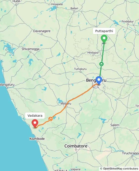 Route map showing distance and travel time from Puttaparthi, India to Vadakara, India