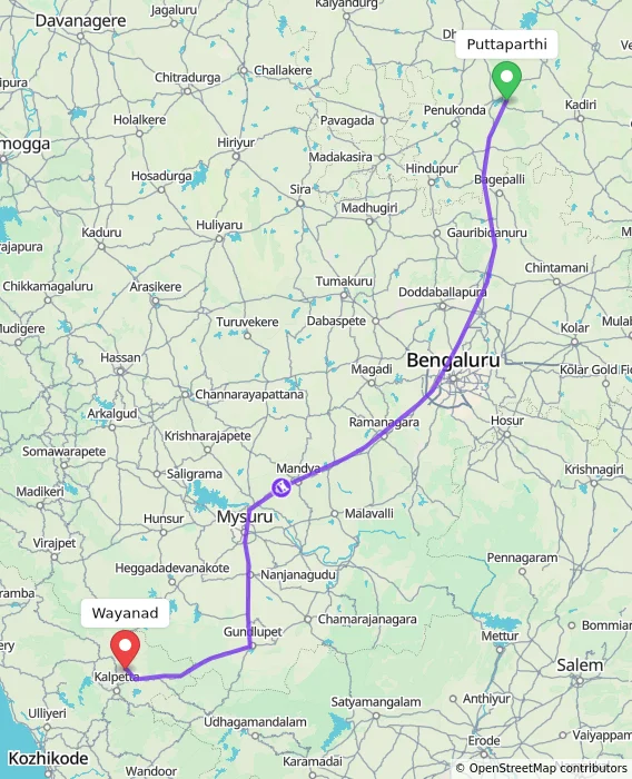 Route map showing distance and travel time from Puttaparthi, India to Wayanad, India