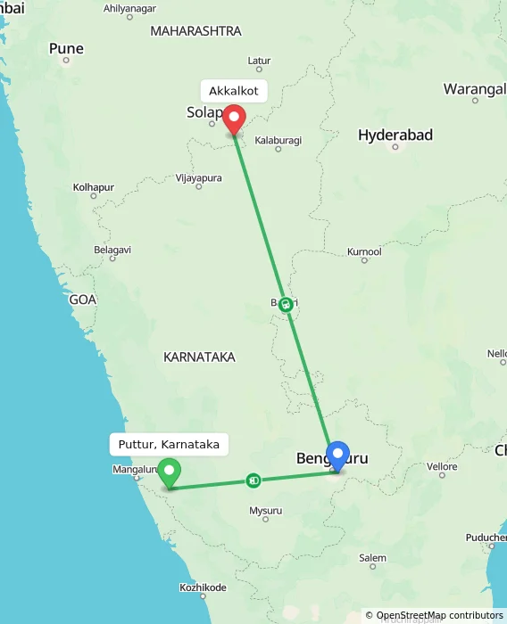 Route map showing distance and travel time from Puttur, Karnataka, India to Akkalkot, India