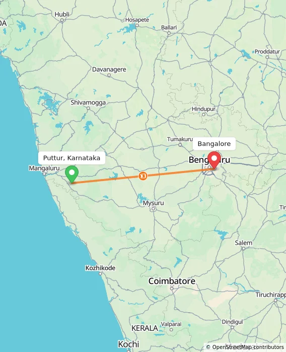 Route map showing distance and travel time from Puttur, Karnataka, India to Bangalore, India