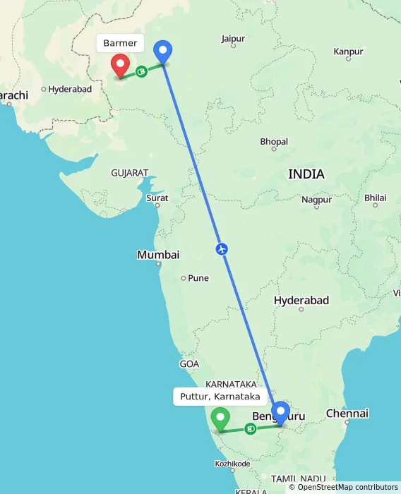 Route map showing distance and travel time from Puttur, Karnataka, India to Barmer, India