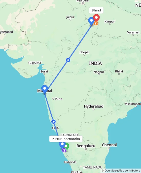 Route map showing distance and travel time from Puttur, Karnataka, India to Bhind, India