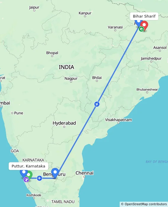 Route map showing distance and travel time from Puttur, Karnataka, India to Bihar Sharif, India