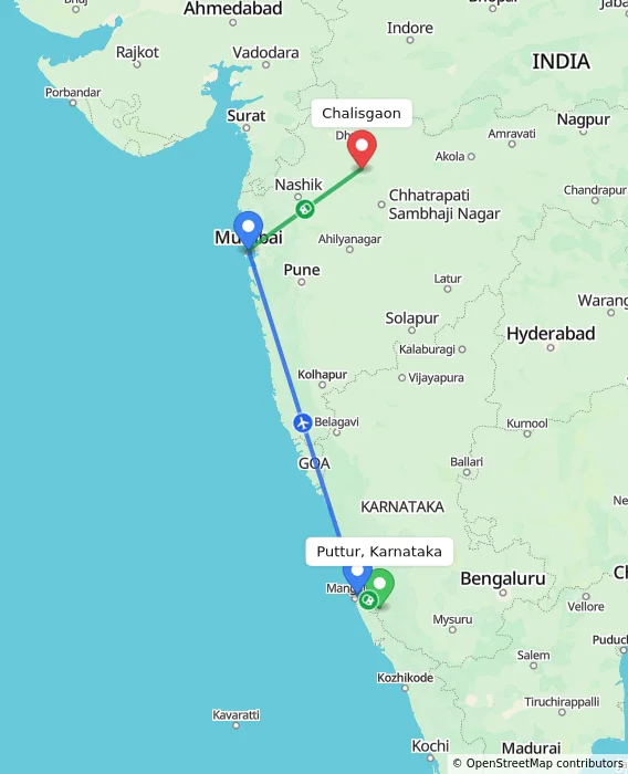 Route map showing distance and travel time from Puttur, Karnataka, India to Chalisgaon, India