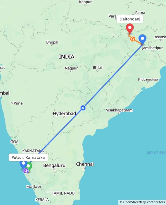 Route map showing distance and travel time from Puttur, Karnataka, India to Daltonganj, India