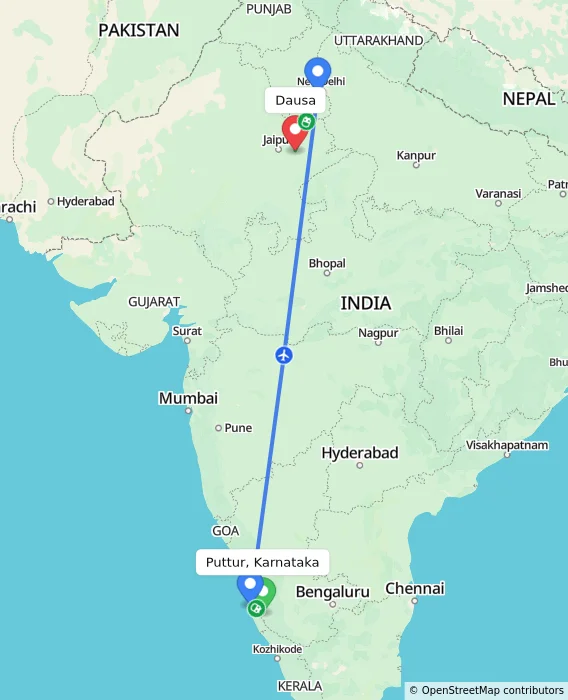 Route map showing distance and travel time from Puttur, Karnataka, India to Dausa, India