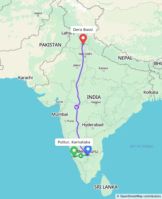 Route map showing distance and travel time from Puttur, Karnataka, India to Dera Bassi, India