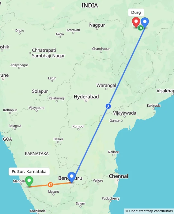 Route map showing distance and travel time from Puttur, Karnataka, India to Durg, India