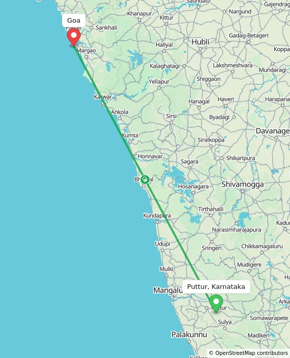 Route map showing distance and travel time from Puttur, Karnataka, India to Goa, India