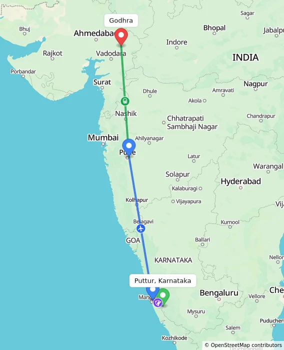 Route map showing distance and travel time from Puttur, Karnataka, India to Godhra, India