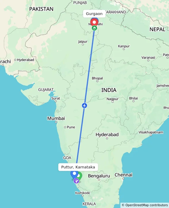 Route map showing distance and travel time from Puttur, Karnataka, India to Gurgaon, India