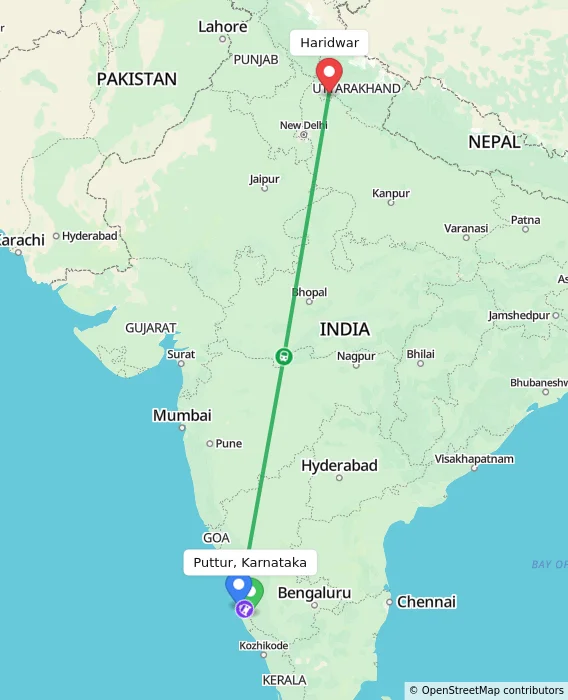 Route map showing distance and travel time from Puttur, Karnataka, India to Haridwar, India
