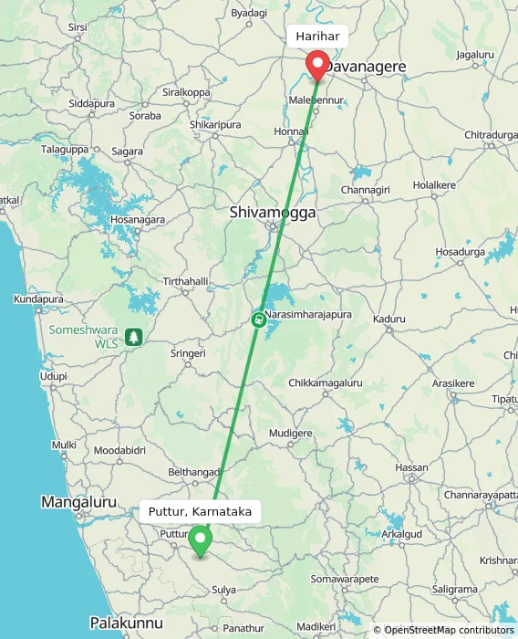 Route map showing distance and travel time from Puttur, Karnataka, India to Harihar, India