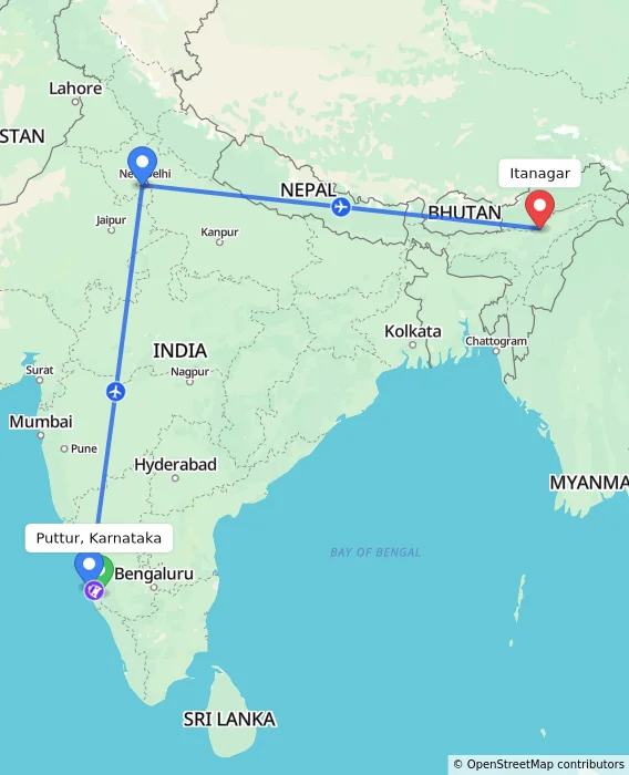 Route map showing distance and travel time from Puttur, Karnataka, India to Itanagar, India